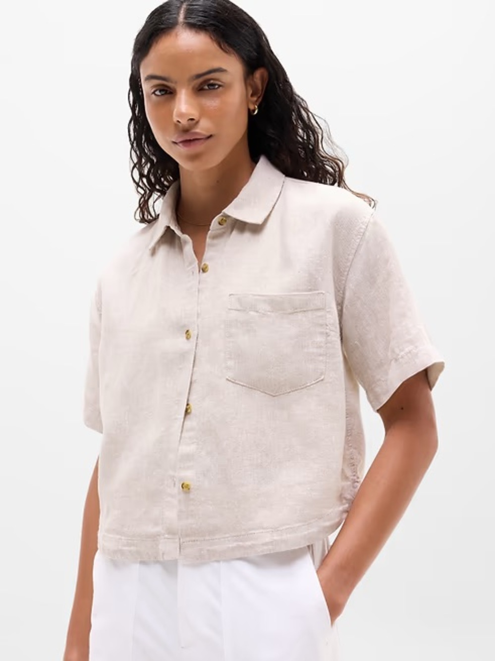 Athleta Retreat Linen Short Sleeve Shirt Sise Small